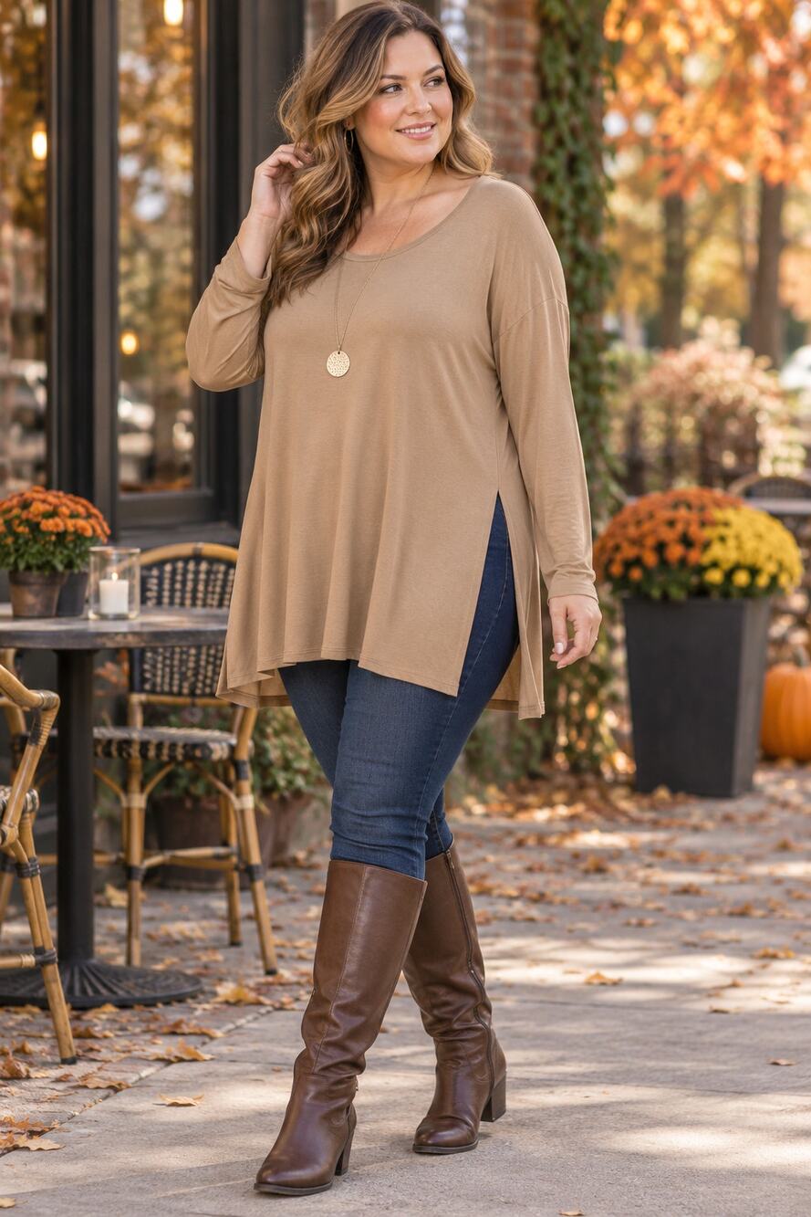 Camel Brown Oversized Tunic Top XL Lagenlook Boho Side Slit Stretch